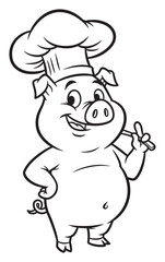 Fototapeta premium Cartoon Pig Chef Outlined with Smiling Face and Spatula