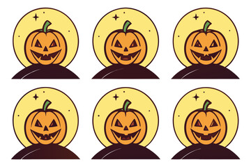 Fototapeta premium Orange pumpkins with carved faces under yellow moon halloween jack o lantern