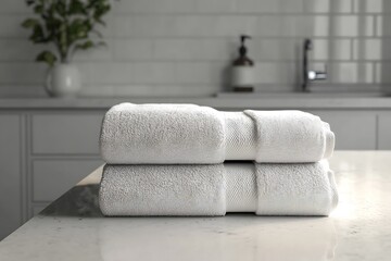 Two neatly folded white towels rest peacefully on a pristine marble countertop indoors