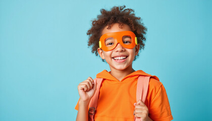 A cheerful black schoolboy in an orange sweatshirt with a backpack and a superhero mask on a blue background.