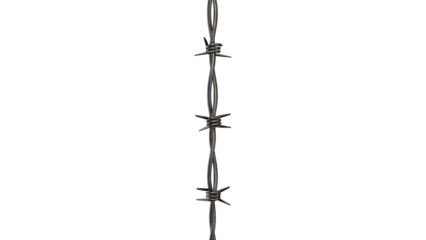 Barbed wire strand isolated on black offers a stark, metallic texture ideal for security, danger, or confinement themed projects, transparent background