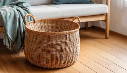 Handwoven wicker basket on wooden floor