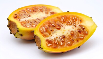 Halved Exotic Fruit Still Life Against White Backdrop