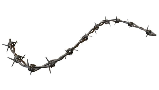 A strand of rusty barbed wire curves across a transparent background offering a stark and edgy design element with transparent availability.
