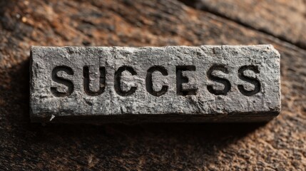 Stone block with embossed success on a wooden surface