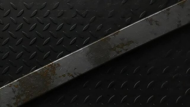 Dark metal stairs with a diamond pattern and a weathered metal handrail surface texture