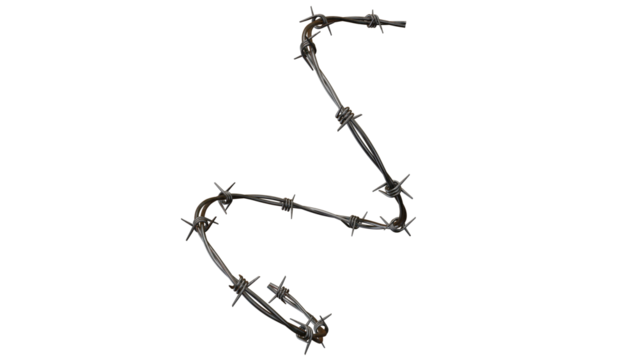 Barbed wire coils gracefully against a stark black backdrop, creating a striking contrast and showcasing a symbol of security and danger, transparent background