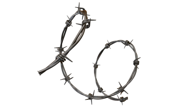 Barbed wire isolated on transparent background conveys danger and confinement in minimalist style for design projects