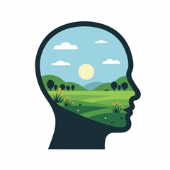 Illustration of a human head filled with a peaceful landscape  