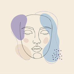 Abstract line drawing of a serene female face with pastel colors  