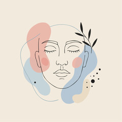 Abstract line art illustration of a serene female face with foliage  