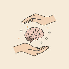 Hands protecting a brain illustration in soft colors on a beige background  