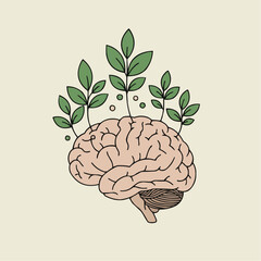 Brain with green leaves symbolizing mental health and growth  