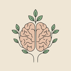 Brain with leaves symbolizing growth and mental health  