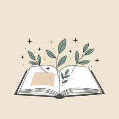 Open book with leaves and stars on a neutral background  