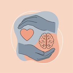 Hands holding brain and heart icons on abstract pastel background  