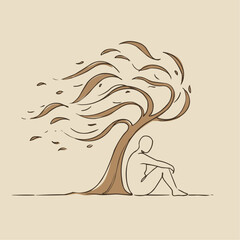 Outline of a person sitting under a tree with flowing leaves  