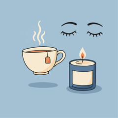 Cozy teacup and candle on blue background with closed eyes  