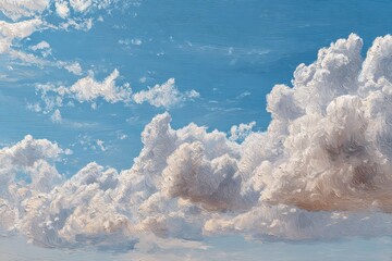 Naklejka premium Majestic clouds drift across a bright blue sky during a tranquil afternoon, creating a serene and picturesque atmosphere filled with soft hues and light