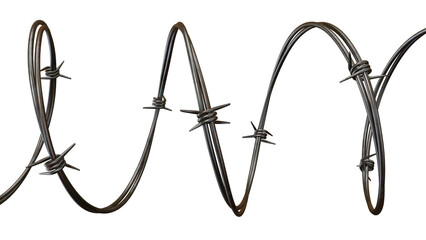 A sharp barb wire fence element is presented with a black backdrop, creating a striking pattern of...