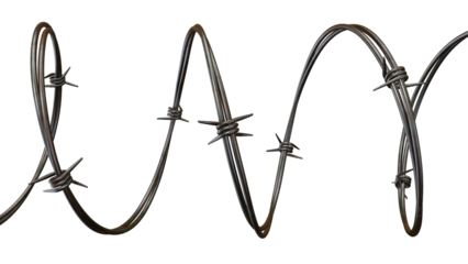 A sharp barb wire fence element is presented with a black backdrop, creating a striking pattern of protection, security, and danger, transparent background