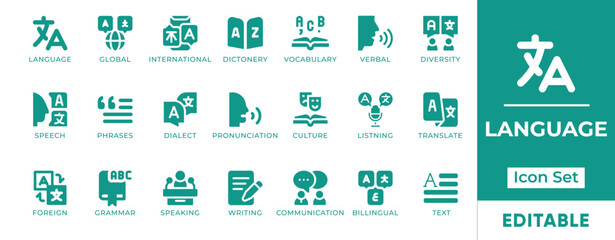 Language Icon Set. Includes icons of speech, translation, alphabet, communication, global languages, and linguistics. Perfect for education, apps, and localization tools.