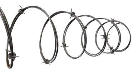 Metal barbed wire spirals across a dark backdrop in this detailed, symbolic depiction of security, fencing, or restriction, transparent background
