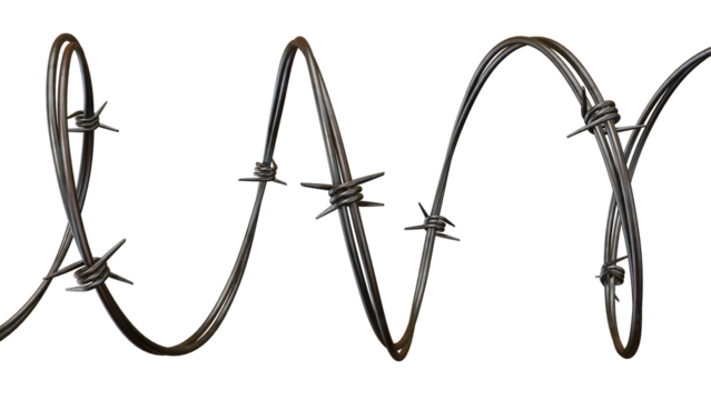 A sharp barb wire fence element is presented with a black backdrop, creating a striking pattern of protection, security, and danger, transparent background