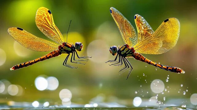 Pair of golden dragonflies meet at water's edge, nature photography