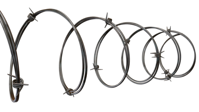 Metal barbed wire spirals across a dark backdrop in this detailed, symbolic depiction of security, fencing, or restriction, transparent background