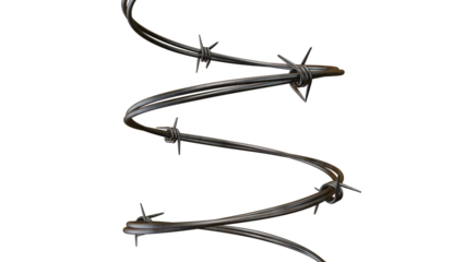 Metallic barbed wire spirals elegantly against a dark backdrop, creating a stark yet captivating visual with a transparent design element, transparent background