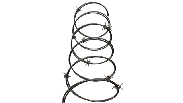 Sharp barbed wire in a spiral on a transparent background, perfect for designs symbolizing security, danger, or restriction with its metallic texture.