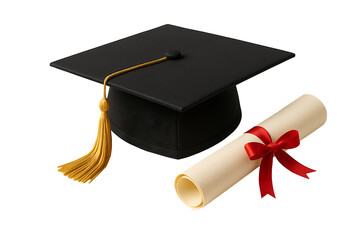 Graduation Cap with Golden Tassel and Diploma Scroll with Red Ribbon &ndash; Academic Achievement Symbol