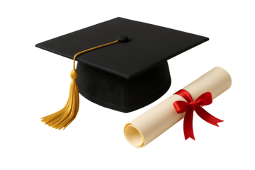 Graduation Cap with Golden Tassel and Diploma Scroll with Red Ribbon – Academic Achievement Symbol