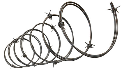 Spiraling barbed wire on a dark backdrop creates an industrial, sharp, and dangerous mood,...