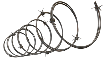 Spiraling barbed wire on a dark backdrop creates an industrial, sharp, and dangerous mood, highlighting themes of security and confinement, transparent background