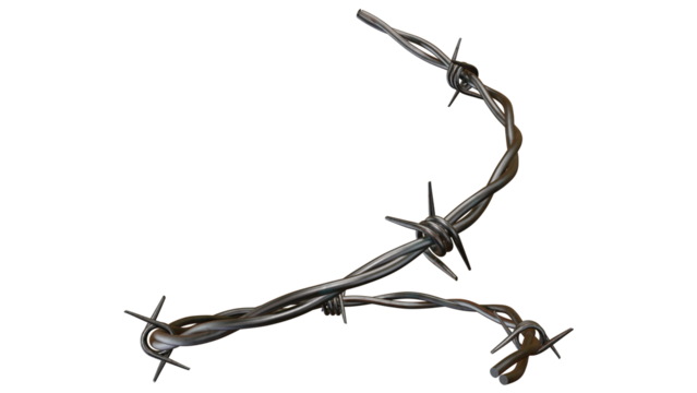 Spiky barbed wire curves menacingly against a solid black backdrop, portraying danger and industrial aesthetic, perfect for edgy designs, transparent background
