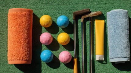 Golf equipment and accessories on green background, featuring clubs and colorful balls