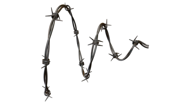 Twisted barbed wire stands out against a transparent background, a symbol of security and protection, ideal for design purposes.