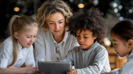 Diverse Students Engaged in Digital Learning with Teacher