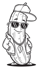 Dapper Pickle Cartoon Character in Black and White Outline Style