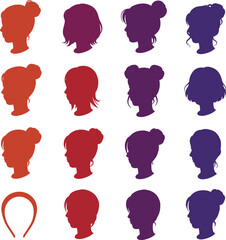Vector illustration set of colorful head and hairstyle silhouettes for children and adults, featuring various hair buns, short hair, and fun headbands, ideal for beauty, fashion, and accessories.
