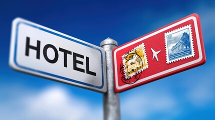 Directional signage with hotel and postage stamp motifs on blue and red backgrounds