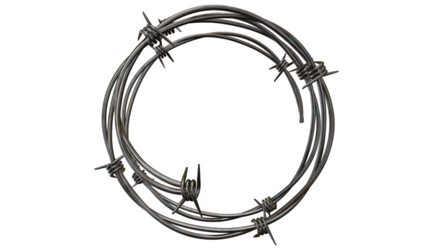 Wreath of metallic barbed wire circles a stark black canvas, a modern conceptual element evocative of danger and security, transparent background