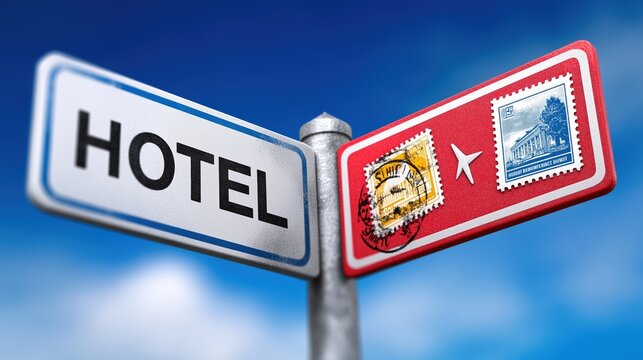 Directional signage with hotel and postage stamp motifs on blue and red backgrounds