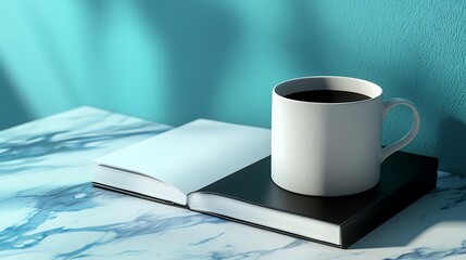 Coffee mug rests on black journal next to open book on marble surface