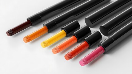 Colorful lipstick shades inside glossy black tubes display vibrant hues against a clean white backdrop