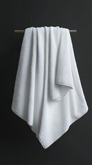 Fototapeta premium Crisp white towel hangs draped elegantly from a wooden bar against a dark background