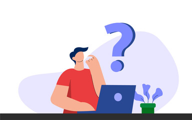 Cartoon vector illustration of a businessman sitting on the floor with a laptop and a question mark, representing a work concept