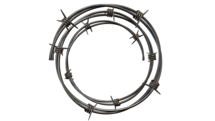 Barbed wire circle frame with sharp metal points on a black backdrop creates a sense of danger and raw industrial strength, transparent background